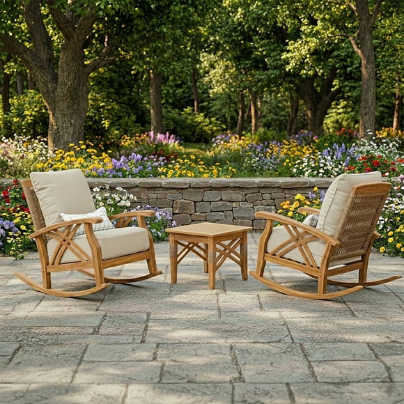 Cambridge Casual Salinas Teak Rocker Set with Tan Cushions, 3pc