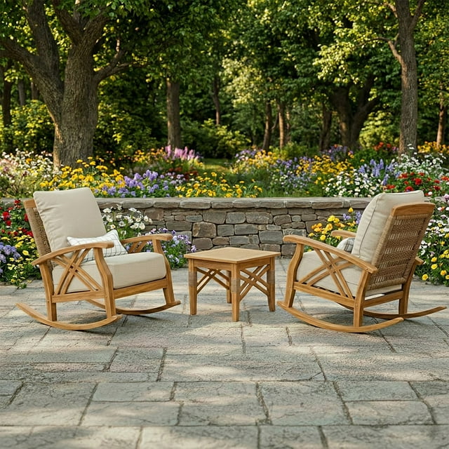 Cambridge Casual Salinas Teak Rocker Set with Tan Cushions, 3pc