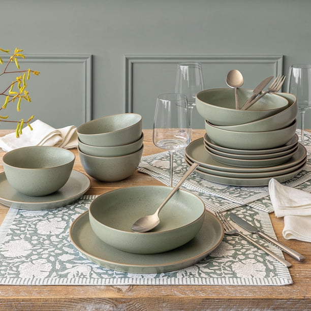 Over&back Bo-36-pod 16-Piece Artisan Stoneware Dinnerware Set, Green