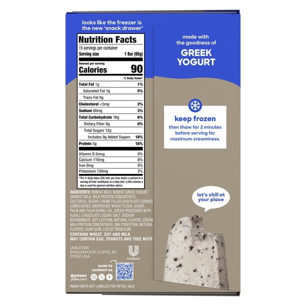Yasso Cookies 'N Cream Frozen Greek Yogurt Bars, 3.5 fl. oz., 15