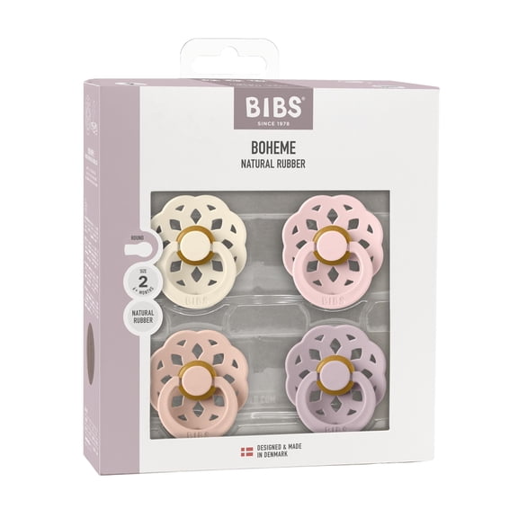 BIBS Boheme Latex Pacifier, 4 PACK, Ivory/Blush/Blossom/Dusky Lilac, Choose Size