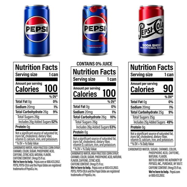 Pepsi Cola, Pepsi Wild Cherry and Pepsi Real Sugar Soda Mini