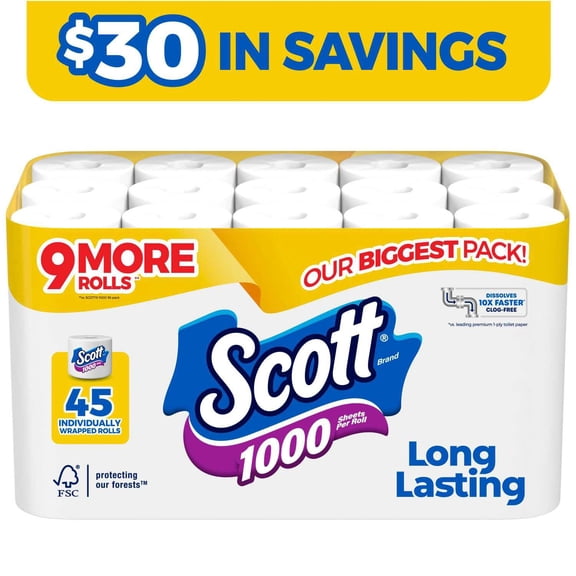 Scott 1000 1-Ply Toilet Paper 45 rolls, 1,000 sheets/roll