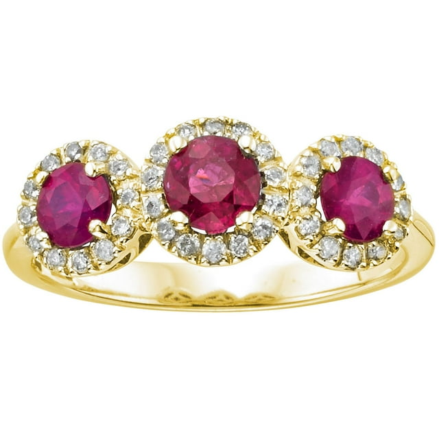 Round Cut 3 Stone Gemstone and 0.19 CT. T.W. Halo Diamond Ring in 14K Gold