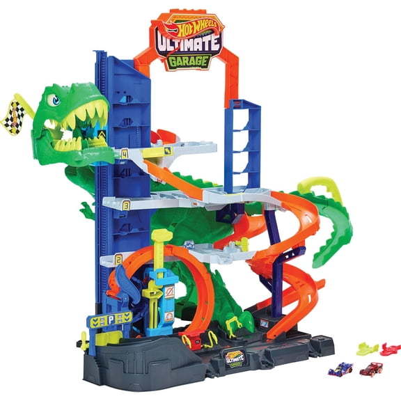 Hot Wheels City Ultimate T-Rex Garage with 2 Toy Cars & Storage for 50+