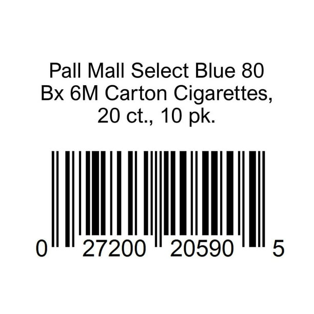 cigarette barcode Pall Mall Select Blue 80 Bx 6M Carton Cigarettes, 20 ct., 10 pk