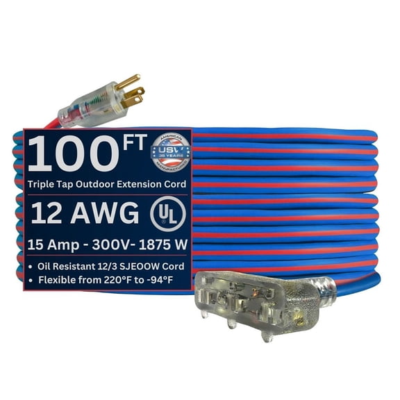 USW 12/3 Gauge Extreme Cold Weather SJEOOW Lighted Triple Tap Extension Cords – Heavy-Duty, 221°F to - 94°F Rating ( 2', 25', 50', or 100' )