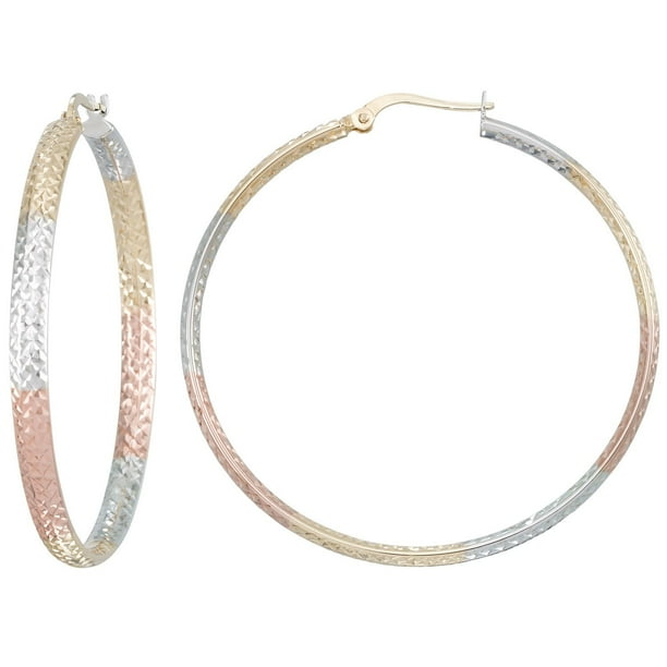 14K Tri Color Brilliant Diamond Cut Round Hoop Earrings