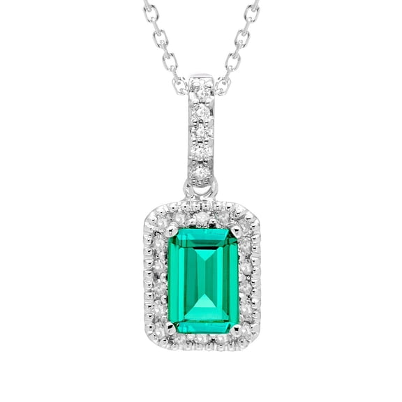 Emerald Cut Lab Created Gemstone & Diamond Halo Pendant Necklace in 14K Gold
