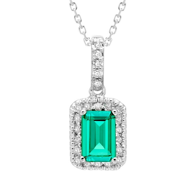 Emerald Cut Lab Created Gemstone & Diamond Halo Pendant Necklace in 14K Gold