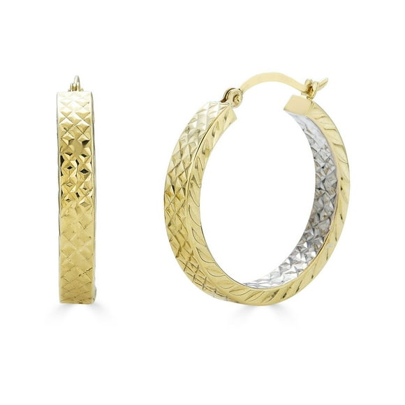 Two-Tone Diamond Cut Hoop Earrings in 14K Gold