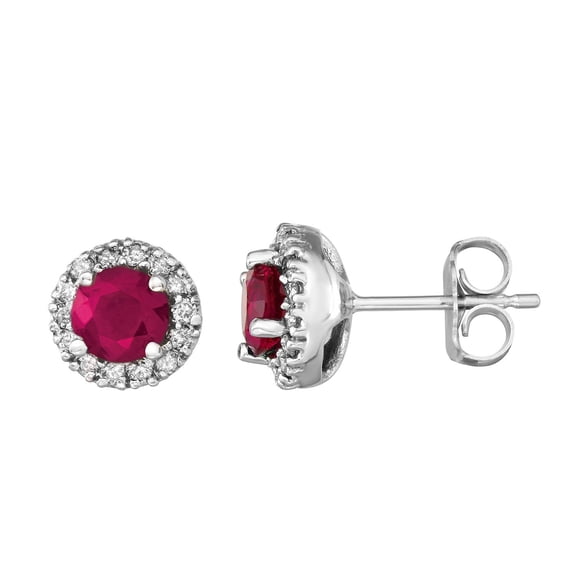 Round Cut Gemstone & 0.28 CT. T.W. Halo Diamond Stud Earrings in 14K Gold