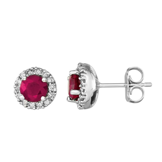 Round Cut Gemstone & 0.28 CT. T.W. Halo Diamond Stud Earrings in 14K Gold