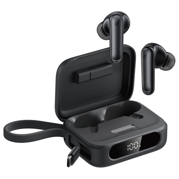 Soundcore by Anker P41i Noise Cancelling Bluetooth Wireless Earbuds with Phone Stand and Phone Charger with Built-In USB-C Cable and USB-C to Lightning Adapter, Black