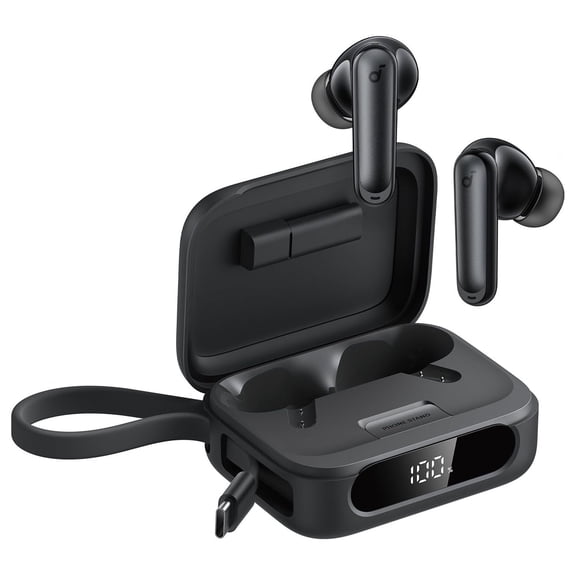 Soundcore by Anker P41i Noise Cancelling Bluetooth Wireless Earbuds with Phone Stand and Phone Charger with Built-In USB-C Cable and USB-C to Lightning Adapter, Black