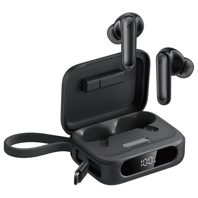 Soundcore by Anker P41i Noise Cancelling Bluetooth Wireless Earbuds with Phone Stand and Phone Charger with Built-In USB-C Cable and USB-C to Lightning Adapter, Black