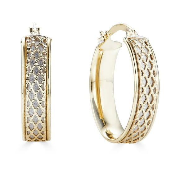 Two-Tone Diamond Cut Satin Oval Hoop Earrings in 14K Gold