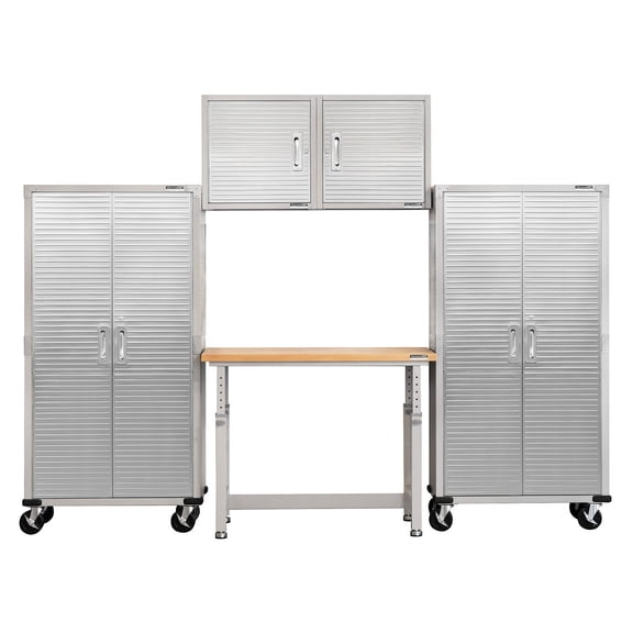 Seville Classics UltraHD 5-Piece Steel Garage Cabinet Storage Set With Height Adjustable Workbench, 10' Wide