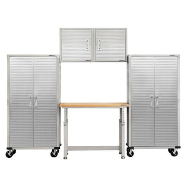 Seville Classics UltraHD 5-Piece Steel Garage Cabinet Storage Set With Height Adjustable Workbench, 10' Wide