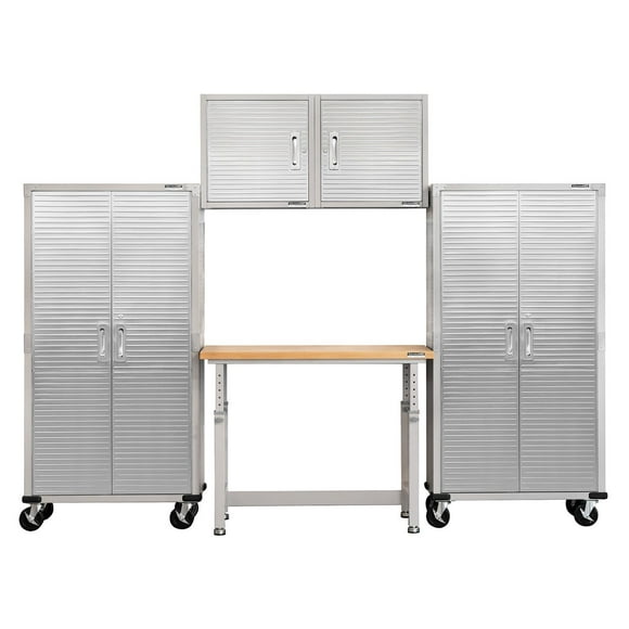 Seville Classics UltraHD 5-Piece Steel Garage Cabinet Storage Set With Height Adjustable Workbench, 10' Wide