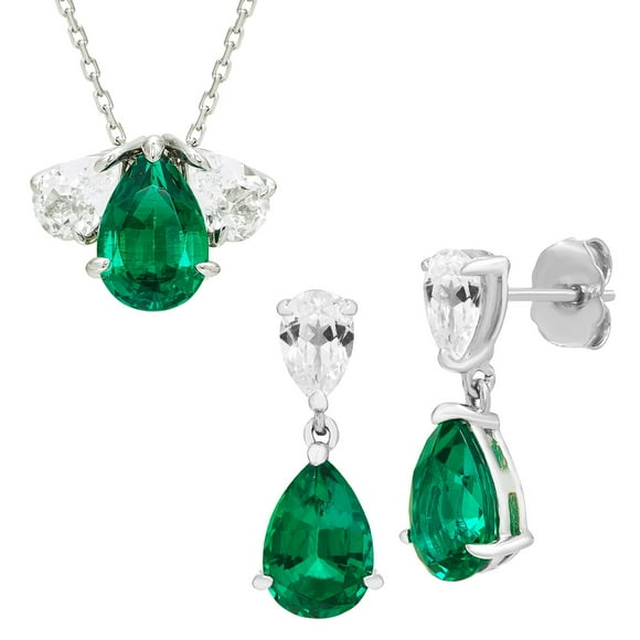 Pear Cut Lab Gemstone Earring and Necklace Set in Sterling Silver
