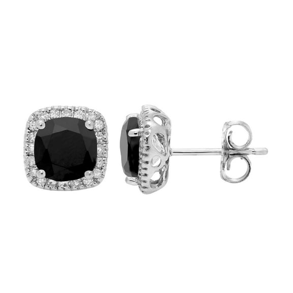 Cushion Cut Gemstone and 0.15 CT. T.W. Halo Diamond Stud Earrings in 14K Gold