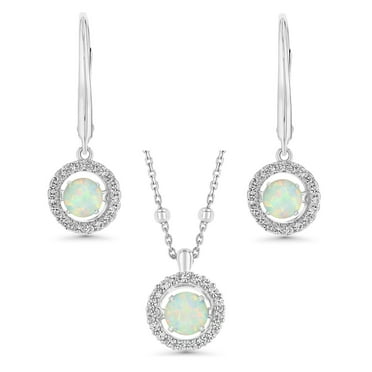 Round Cut Lab Created Gemstone Dancing Pendant & Earring Set in Sterling Silver