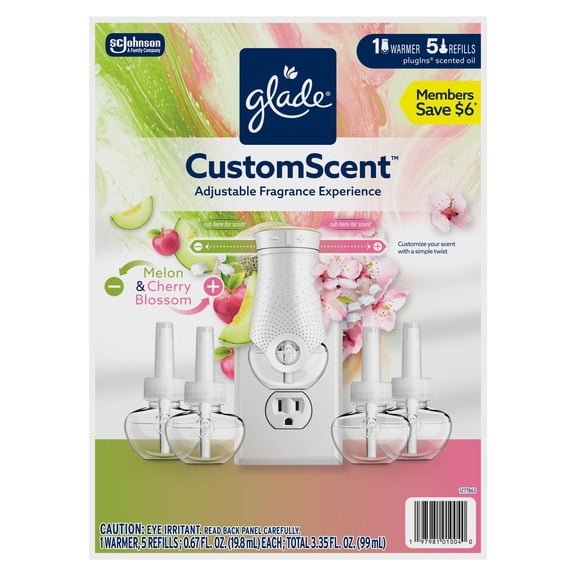 Glade CustomScent PlugIns Scented Oils, Melon & Cherry Blossom, 1 Warmer + 5 Refills, Total 3.35 fl. oz./ 99 ml.