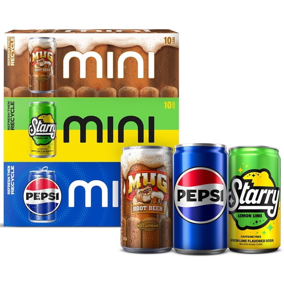 Pepsi, Starry Lemon Lime and Mug Root Beer Soda Mini Variety Pack, 7.5 fl oz., 30 pk.