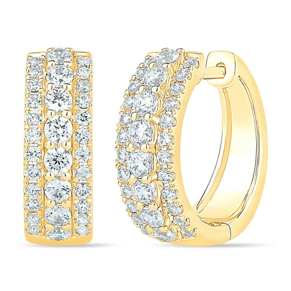 1.00 CT. T.W. Round Cut Three Row Diamond Huggie Hoop Earrings in 14K Gold