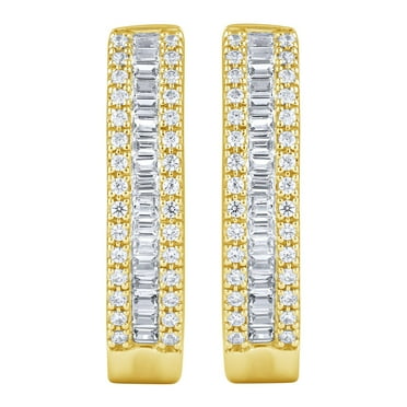 0.46 CT. T.W. Baguette & Round Cut Diamond Hoop Earrings in 14K Gold