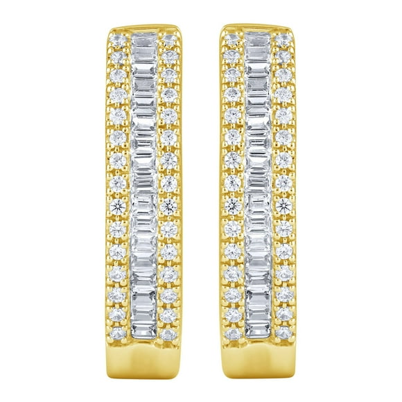 0.46 CT. T.W. Baguette & Round Cut Diamond Hoop Earrings in 14K Gold