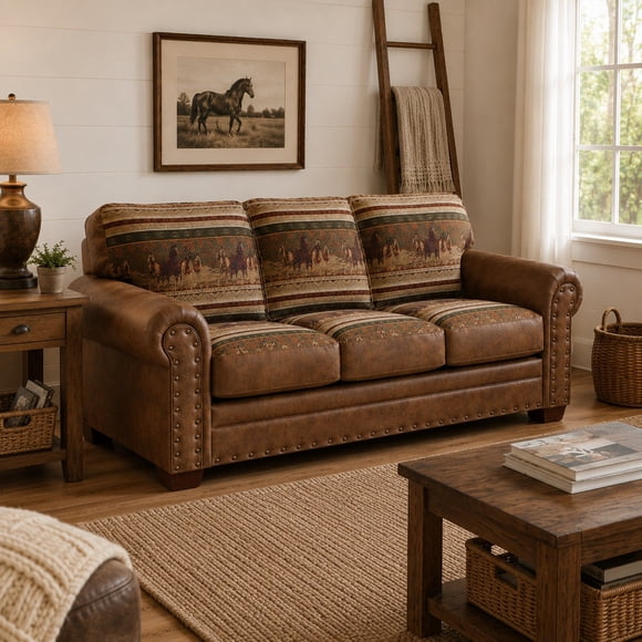 Wild Horses Rustic Faux-Leather Sleeper Sofa