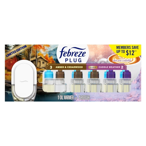 Febreze PLUG Air Freshener, Amber & Cedarwood & Cuddle Weather, 1 Warmer + 5 Refills, 4.35 fl. oz.
