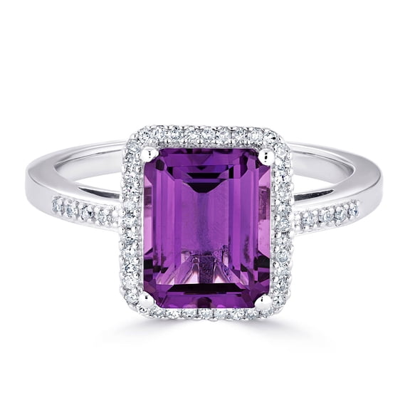 Emerald Cut Gemstone & 0.14 CT. T.W. Halo Diamond Ring in Sterling Silver