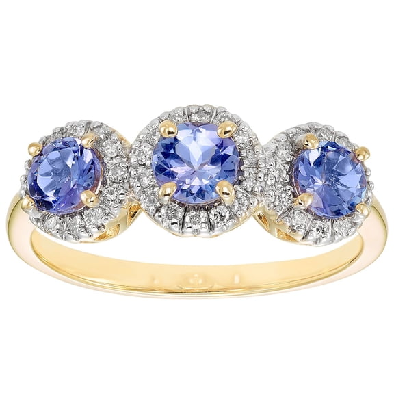Round Cut 3 Stone Gemstone and 0.19 CT. T.W. Halo Diamond Ring in 14K Gold