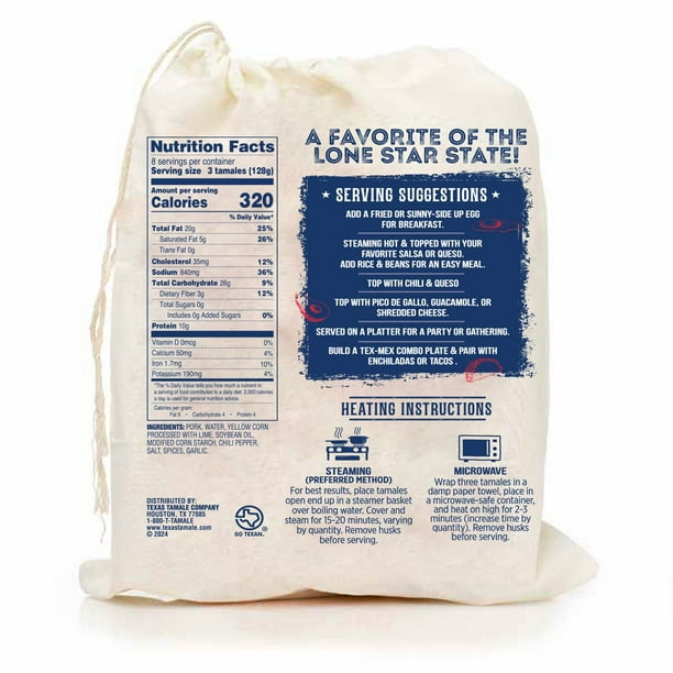 Texas Tamale Company Gourmet Pork Tamales, Frozen, 24 ct