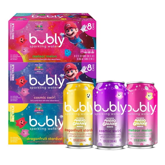 Bubly Sparkling Water Cosmic Swirl, Dragonfruit Stardust, Meteor Melon Variety Pack, 12 fl. oz., 24 pk.