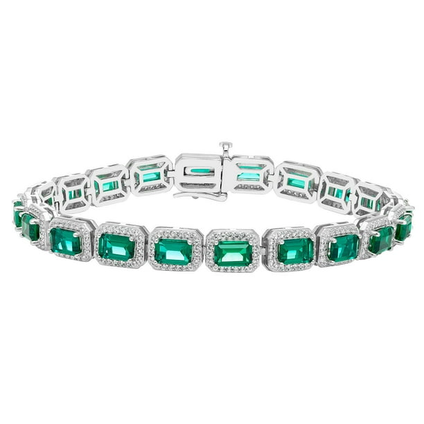 Emerald Cut Lab Created Gemstone Halo Tennis Bracelet in Sterling
