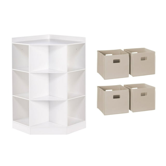 RiverRidge Kids Corner Playroom 6 Cubby Cabinet with 4 Folding Storage Bins