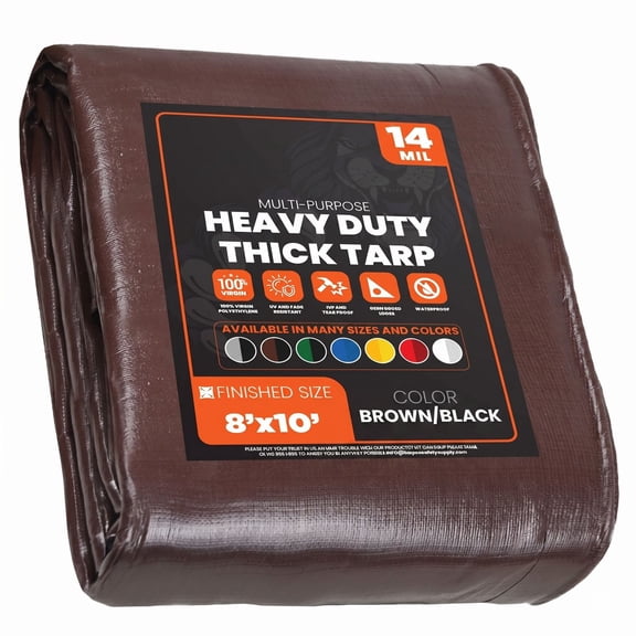 Heavy Duty 8' x 10' Tarp Cover, Waterproof, UV Resistant, Rip and Tear Proof, Poly Tarpaulin with Reinforced Edges for Roof, Camping, Patio, Pool, Boat, Assorted Mil & Colors
