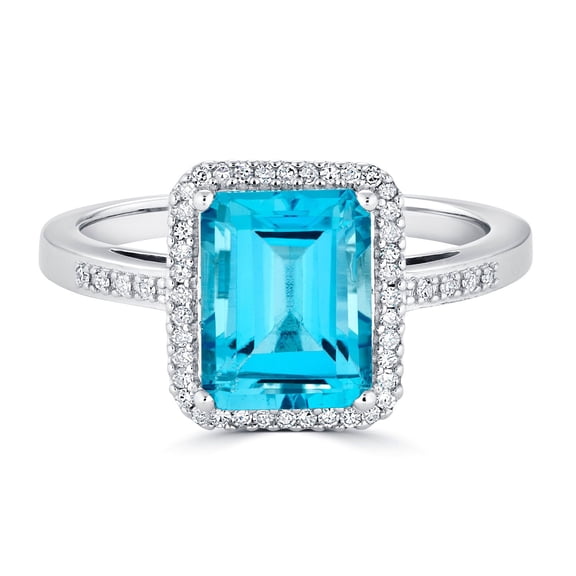 Emerald Cut Gemstone & 0.14 CT. T.W. Halo Diamond Ring in Sterling Silver