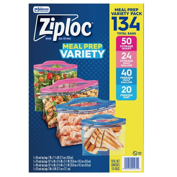 Ziploc Brand Half  Gallon & Quart Storage and Half Gallon & Pint Freezer Bags Meal Prep Variety pack, 134 ct.