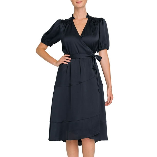 black wrap dress short sleeve Command the Room Black Velvet Scalloped Button Front Mini Dress