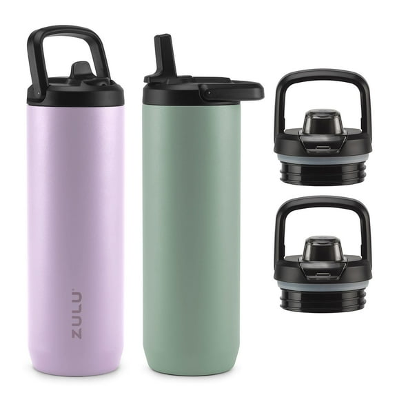 Zulu Base Stainless Steel Water Bottle with Lids., 2 Pack 24oz each, Includes 2 Extra Lids (Choose Color)