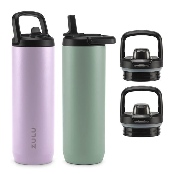 Zulu Base Stainless Steel Water Bottle with Lids., 2 Pack 24oz each, Includes 2 Extra Lids (Choose Color)