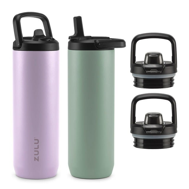 Zulu Base Stainless Steel Water Bottle with Lids., 2 Pack 24oz each, Includes 2 Extra Lids (Choose Color)