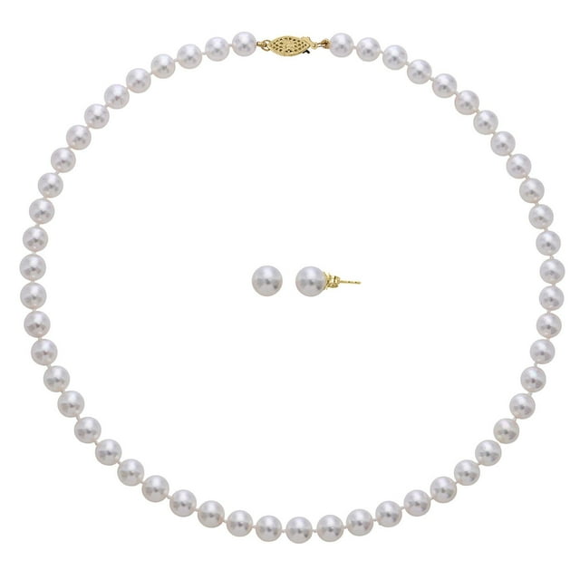 Cultured Akoya Pearl Necklace and Stud Earring Set in 18K Gold