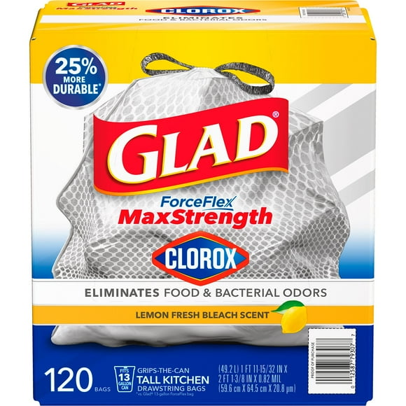 Glad ForceFlex MaxStrength with Clorox Tall Kitchen Drawstring Trash Bags, Lemon Fresh Scent, 13 Gallon, 120 ct.