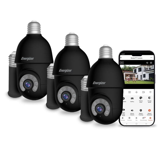 Energizer 2K Light Bulb Socket Security Camera with Socket Extension, 3pk.